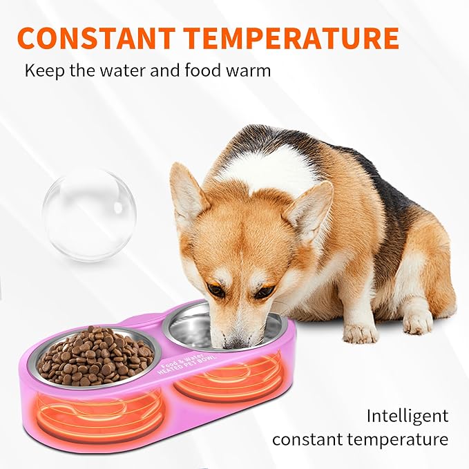 Heated Water Bowl for Dog & Cat, Outdoor Indoor Heated Pet Bowl with 2 Stainless Steel Bowl 48 OZ Large Capacity Provide Non Freezing Water & Food in Winter Double Heated Sink