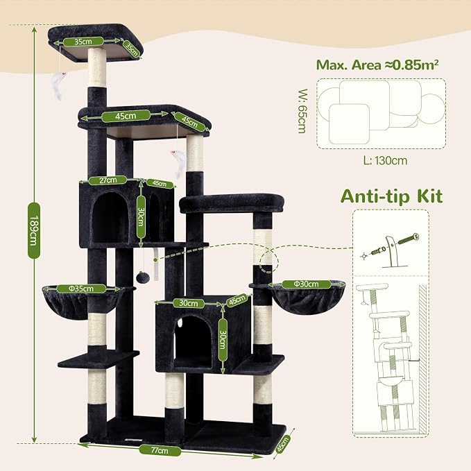 Globlazer 74in Large Sturdy Cat Tree for Large Cats, F74F, Beige | Tall Maine Coon Cat Tower for Indoor Cats Large Adult with 8 Scratching Posts, 2 Spacious Cat Condos, 3 Perches