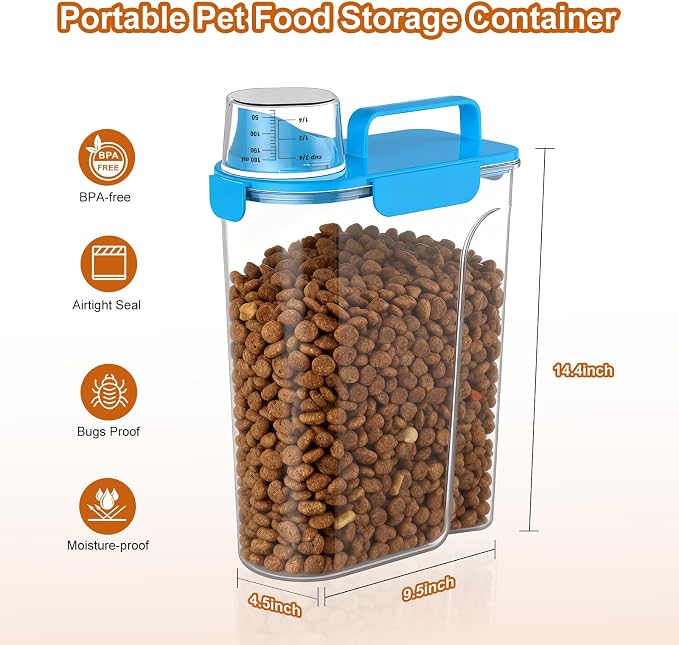 Uppetly Dog Cat Food Storage Container, 5-7Lbs Pet Food Containers, Airtight Cat Food Container with Portable Handle & Measuring Cup, Small Animal Dry Food Dispenser for Dogs, Cats and Birds