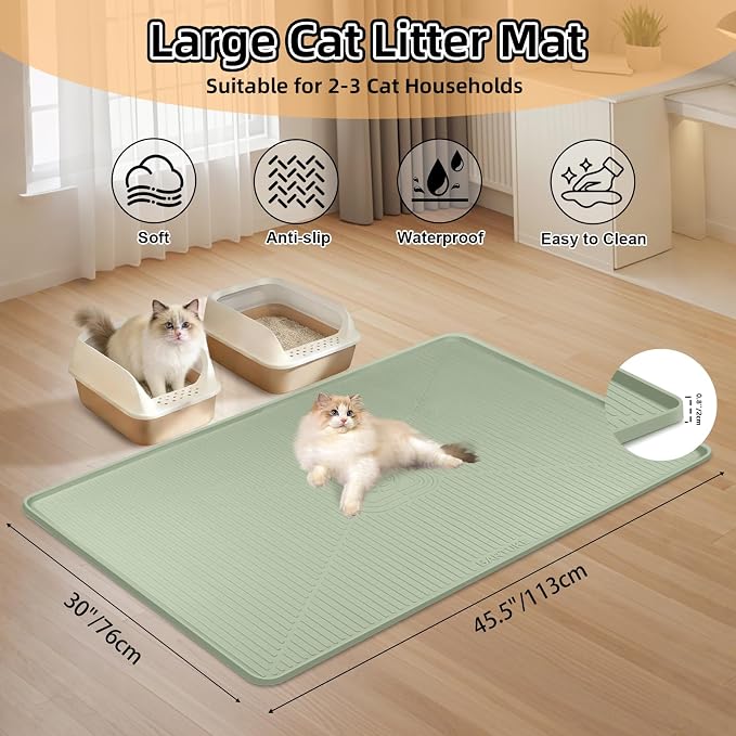 Silicone Cat Litter Mat 45" x 30" Cat Mat for Litter Box, Green | Extra Large Cat Litter Trapping Mat for Floor, Waterproof, Non-Slip Kitty Litter Box Mat with Raised Edge, Easy to Clean