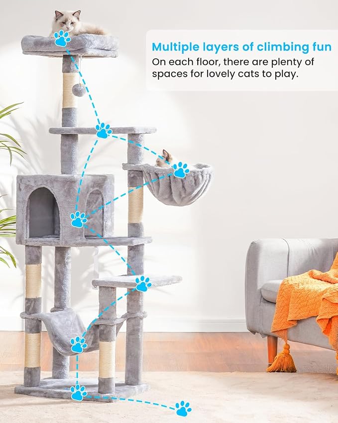 Hey-brother Cat Tree, Multi-Level Sisal Covered Scratching Posts, MPJ050W | 60.6 Inches Tower with Condo, Large Hammock, Top Perch, Toy Ball for Indoor Multi-Cats Households, Light Gray