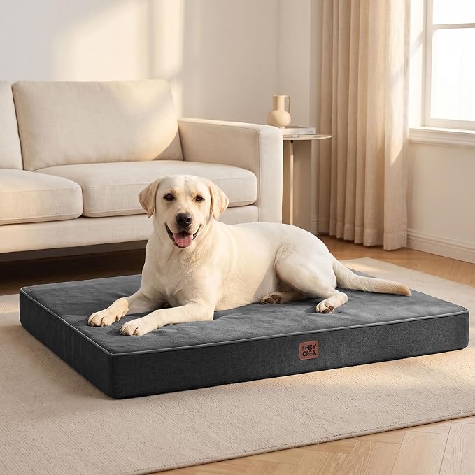 EHEYCIGA Extra Large Memory Foam Dog Bed Mat, 44x32Inch, Dark Grey | High Density Egg Crate Foam, Waterproof Liner, Washable Removable Cover, Non-Slip Bottom, Fits Floor, Camping, Sofa and Car