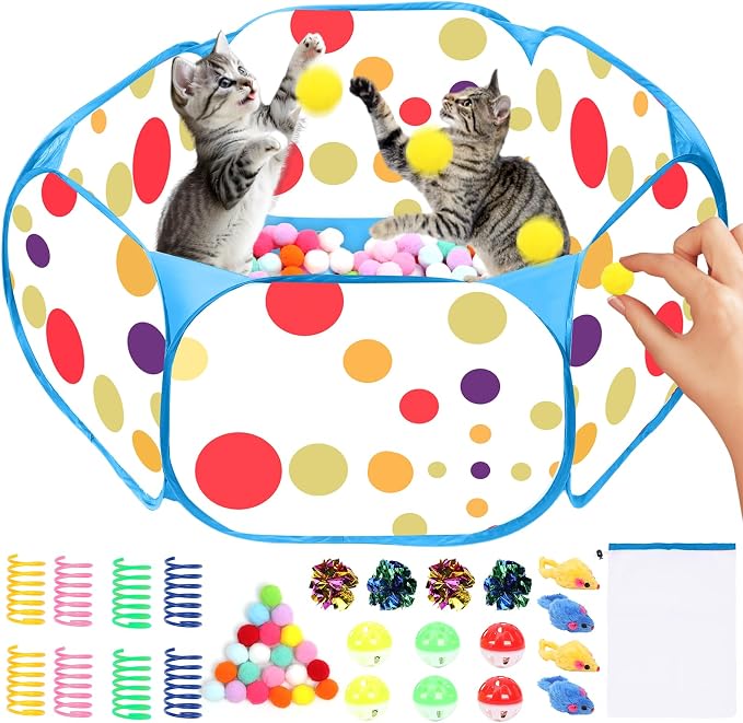 Cat Ball Pit for Cats, Include 226 Pcs Interactive Cat Toy for Indoor Kittens, Cat Enrichment Toys for Bored Indoor Cats Self Play Kitty Toys Bundle Pack Entertainment(Blue)
