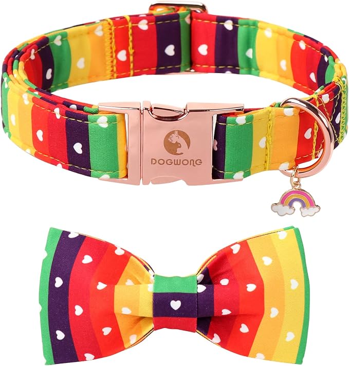 DOGWONG Rainbow Dog Collar with Bow Tie for LGBT Pride Month - Adjustable and Comfortable LGBT Pride Dog Collar for Large Medium Small Pet