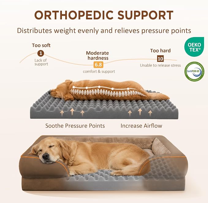 Comfort Expression Orthopedic Dog Bed for Extra Large Dogs with Bolster | Waterproof Dog Couch Bed with Washable Cover & Non-Slip Bottom, Supportive Egg Crate Foam Big Dog Bed, 53x42Inch