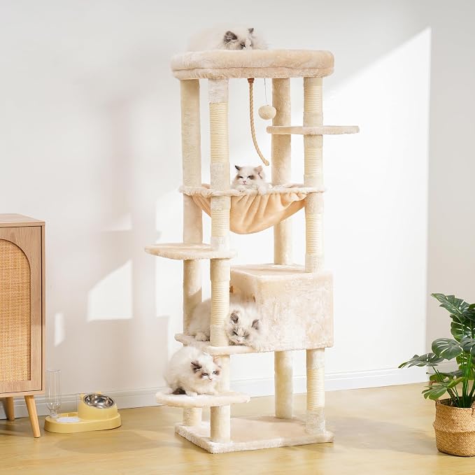Heybly Cat Tree for Large Cats, 20lbs Heavy Duty, 60 inches HCT050M | Cat Tower for Indoor Cats with Big Padded Plush Perch, Multi-Level Furniture Condo with Cozy Basket, Beige