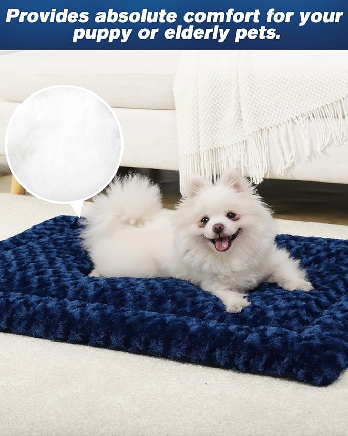 Exsnugy Washable Dog Bed Mat Medium Size Fluffy Pet Crate Pad 30x19 | Non-Slip Bottom Kennel Beds Ultra Soft Comfy Sleeping Mattress for Large Medium Small Dogs Blue