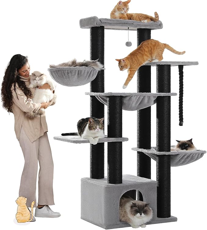 67" Cat Tree with 13 Thick Posts & 3 Hammocks, Maine Coon, Gray | 13 thick 4.3in sisal posts, XXL cozy cat condo, Extra large top perch, 3 spacious hammocks, Supports Maine Coon 20 lbs