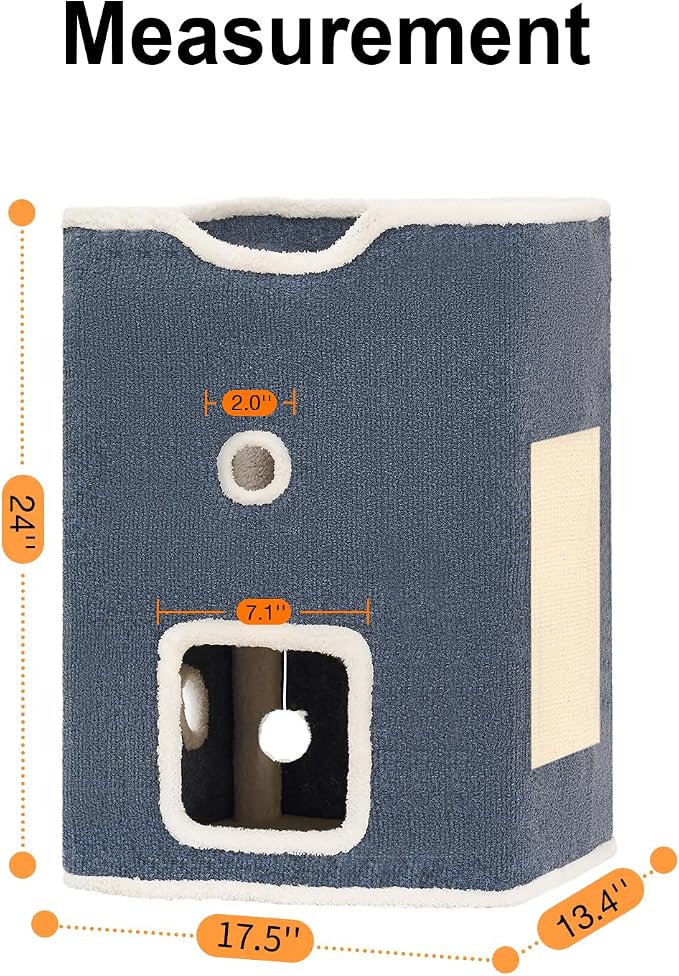 Cat House, Cat Beds for Indoor Cats, 2-Story Cat Condo Cube | Cat Bed Cave with Scratch Pad and Fluffy Ball Hanging, Multi-Level Cozy Hideout Center Ideal for Small/Medium Cats