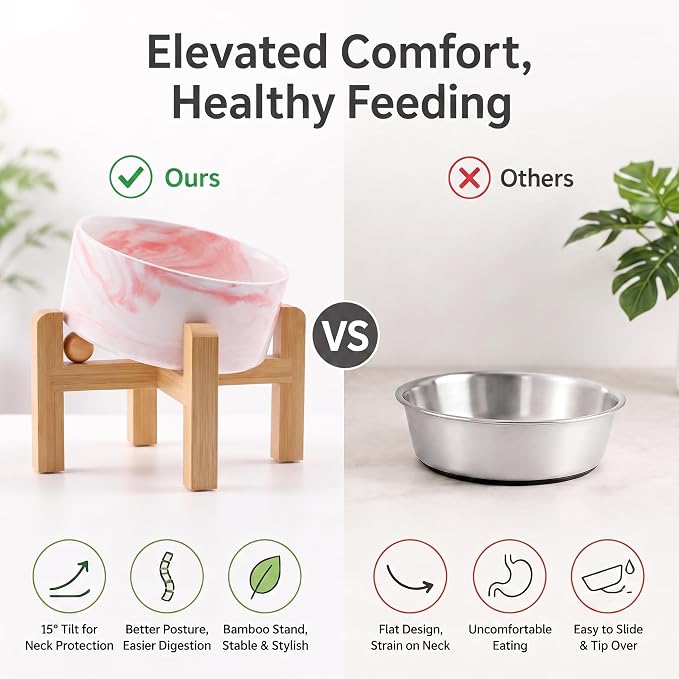 hjn Elevated Ceramic Dog Bowl 15°Slanted Raised Dog Bowl with Bamboo Stand for Small Medium Dogs and Cats, Pet Feeder -7.6-Cup (1800ml)-Marble Pink