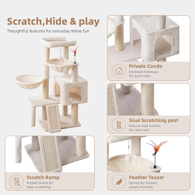 Cat Tree with Cat Condo and Two Hammocks, Cat Tree with Scratching Posts and Scratching Pads, Cat Tower for Indoor Cats, Activity Centre Climbing Tree with Playful Toy Balls, Beige
