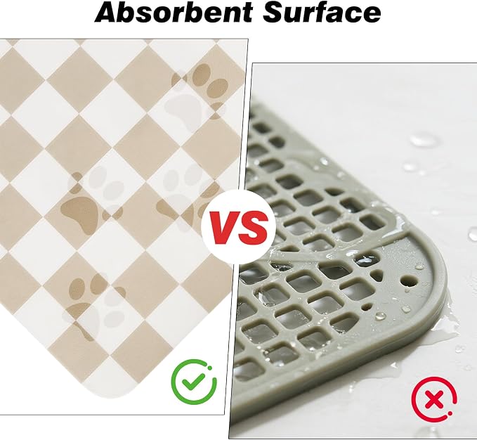 CooRug Checkered Dog Food Mat, Pet Feeding Mat 20" L x 12" W, Beige | Absorbent, Leak-Proof, Anti-slip, Quick Dry, Eco-friendly Materials, Easy to clean and store, For Messy Drinkers