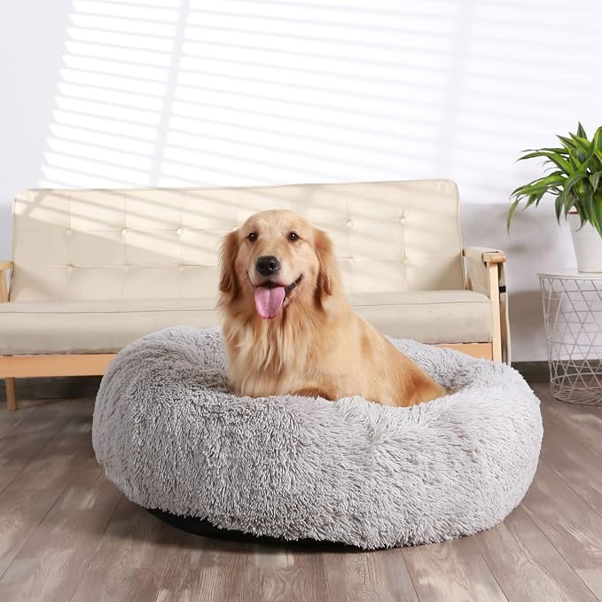 HACHIKITTY Calming Donut Cuddler Dog Bed, Round Fluffy Pet Bed for Large Dogs,Washable, Large, Gray, 30''