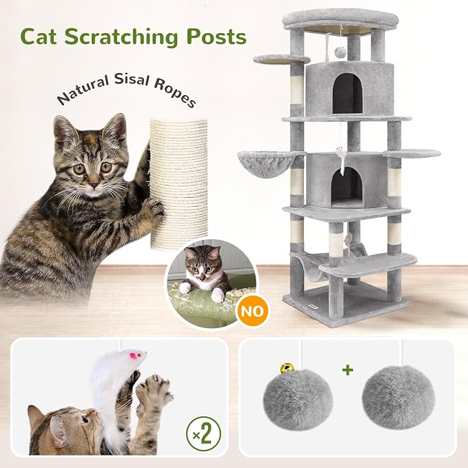 Globlazer 66in Corner Cat Tree Tower for Indoor Large Cat, C66, Light Grey | Space-Saving Stable Adult Cat Tower with 6 Scratching Posts, 2 Large Fan-shaped Condos & Top Perch, Hammock, Climbing Steps
