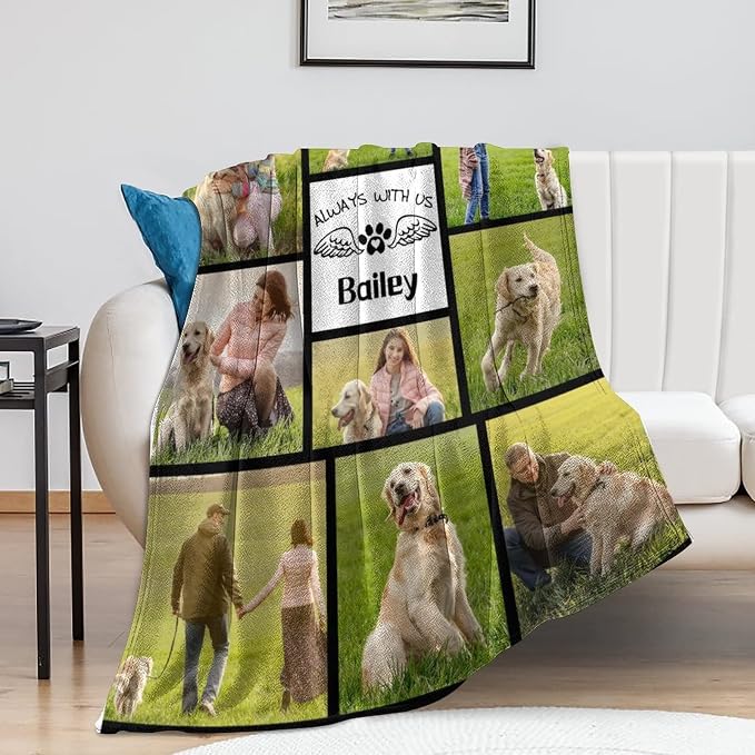 Personalized Pet Memorial Throw Blanket, Dog Cats Pets Lovers Memorial Gifts, Custom Pet Loss Sympathy Blanket with Pictures and Name, Customized Dog and Cat Blankets for Family Friends 40"x50"