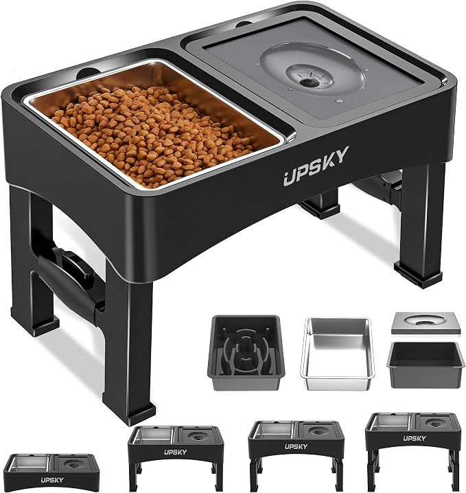 UPSKY 3-in-1 Elevated Dog Bowls Set with 4 Height Adjustable Stand, Balck | 304 Stainless Steel Bowl, No Spill Water Bowl, Slow Food Bowl, Anti-Slip, Dishwasher Safe, Suitable for Small Medium Dogs