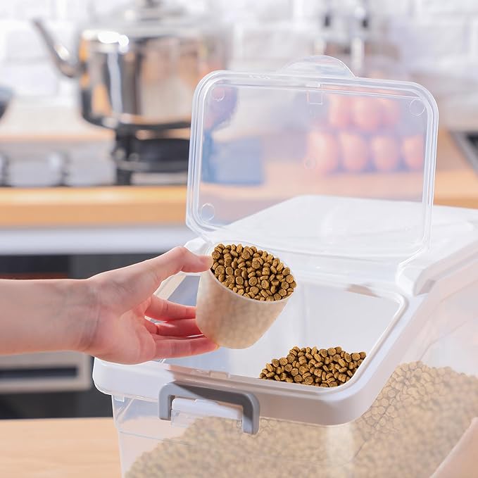 Sunnyray 4 Pcs Rice Storage Container 28 lb Airtight Flour Container with Wheels Measuring Cup Clear Pet Food Cube Dog Birds Cat Food Bin Grain Cereal Organizer Box for Dry Baking Supplies(White Lid)