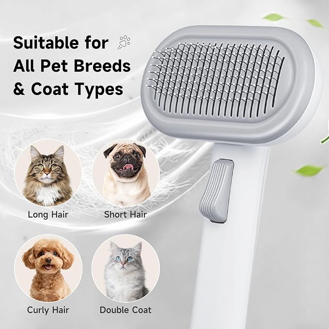 Cat Brush for Shedding for Indoor Cats & Dogs Shedding & Grooming | Self Cleaning Grooming Brush with Release Button, Smooth & Detangling, Grooming Comb for Cats Long & Short Haired Pets, Grey