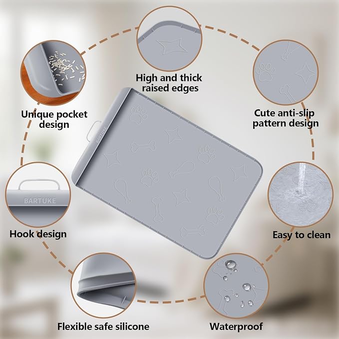 Cat Litter Mat for Litter Box 42" x 28", Large Silicone Mat, Light Grey | Waterproof Litter Trapping Mat with Residue Collection Pocket, Raised Edge, Non-Slip Pet Placemat for Floors