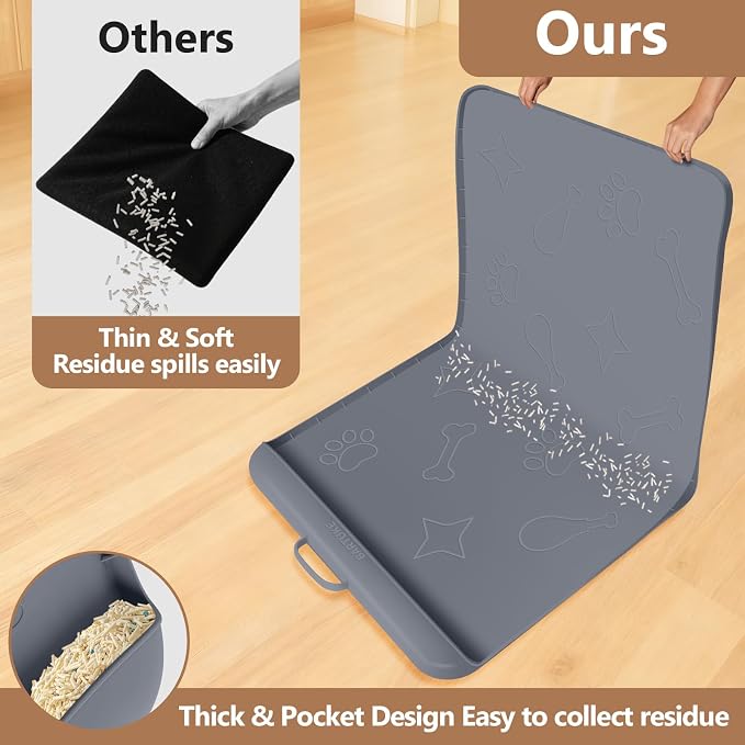 Cat Litter Mat for Litter Box 42" x 28", Large Silicone Mat, Dark Grey | Waterproof Litter Trapping Mat with Residue Collection Pocket, Raised Edge, Non-Slip Pet Placemat for Floors