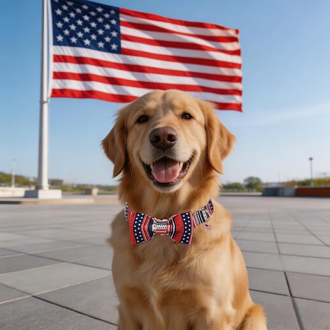 American Flag 4 of July Dog Bow Collar, Independence Day Adjustable Patriotic Dog Collar with Bowtie for Large Dogs,L