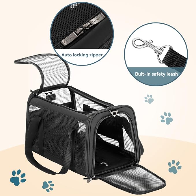 Airline Approved Cat Carrier, Soft-Sided Collapsible Pet Carrier for Travel, 3 Carrying Ways, Lightweight and Ventilation on 5 Sides, Escape Proof, with Soft Fleece Pad