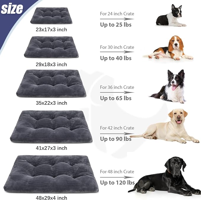 KSIIA Washable Dog Crate Bed Kennel Mat for Large Dogs,41 x 27 Inch, Gray | 3in thick soft PP filling,Elastic rebound,300gsm shed-proof flannel,Soft skin-friendly,Anti-slip bottom,Machine washable
