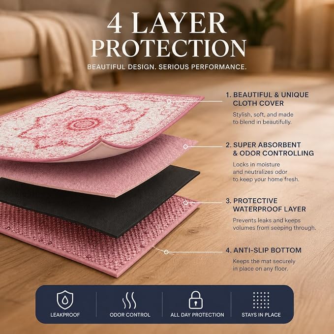 PUPIBOO Cat Litter Mat, Litter Trapping Mat, and Washable Cat Pee Pad | Cat litter box mat and cat food mat, 15x24in, 4-layer, OekoTex-, non-slip, washes up to 500 times