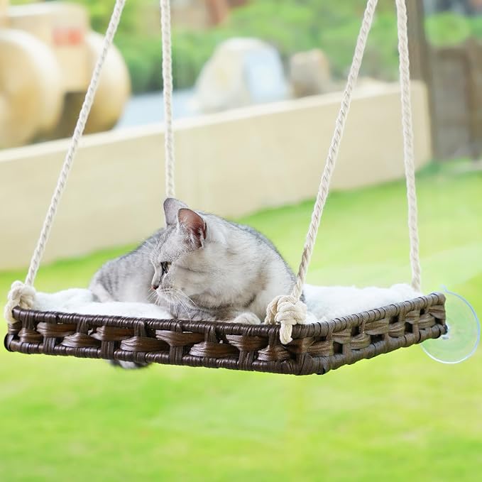 SETVSON Cat Window Perch, Cat Window Hammock Bed for Indoor Cats, Brown | Handwoven PE Rattan Window Seat, 4 Strong 3.2-In Suction Cups, Double Sided Washable Cushion Bed, 2.3 Inch Fence, Easy Care