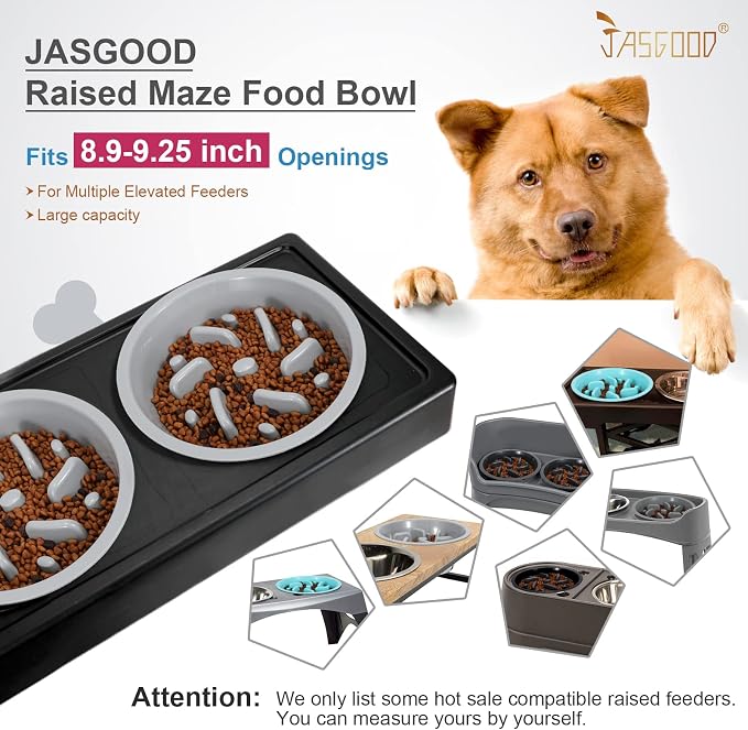 JASGOOD Largr Dog Slow Feeder Bowl - Reduce Slip Puzzle Bowl for Elevated Diners - Gray, Fit Opening 8.9"-9.25" (Pack of 2)
