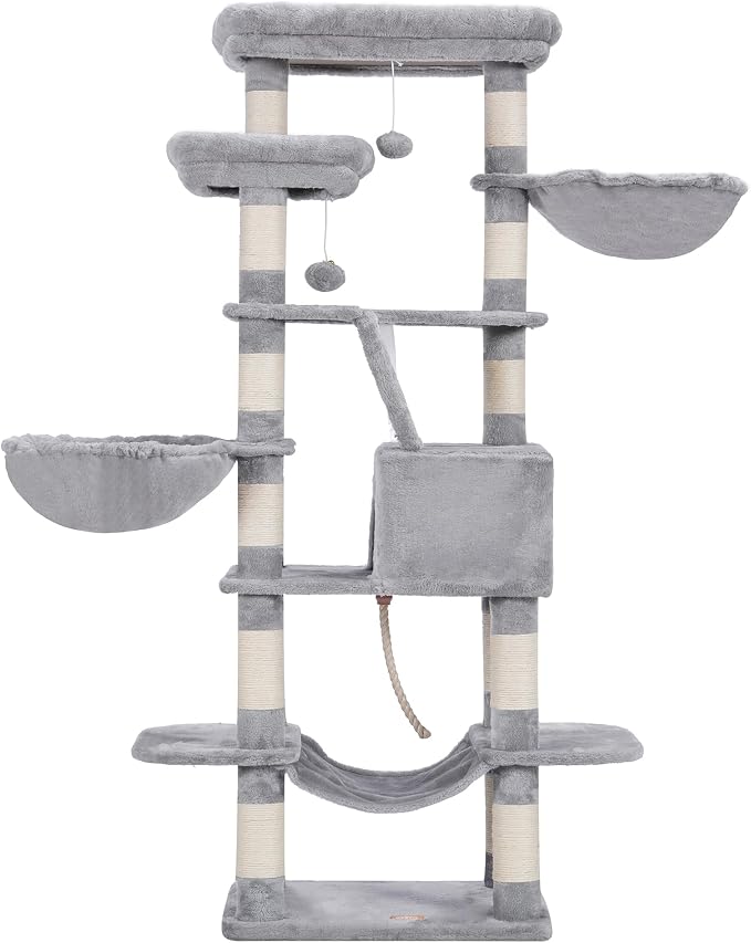 Heybly Cat Tree, 68 inch Multi-Level Cat Tower for Indoor Cats HCT025W | Cat Condo with 2 Widened Plush Perches, 2 Cozy Baskets, Scratching Board and Big Caves, Light Gray