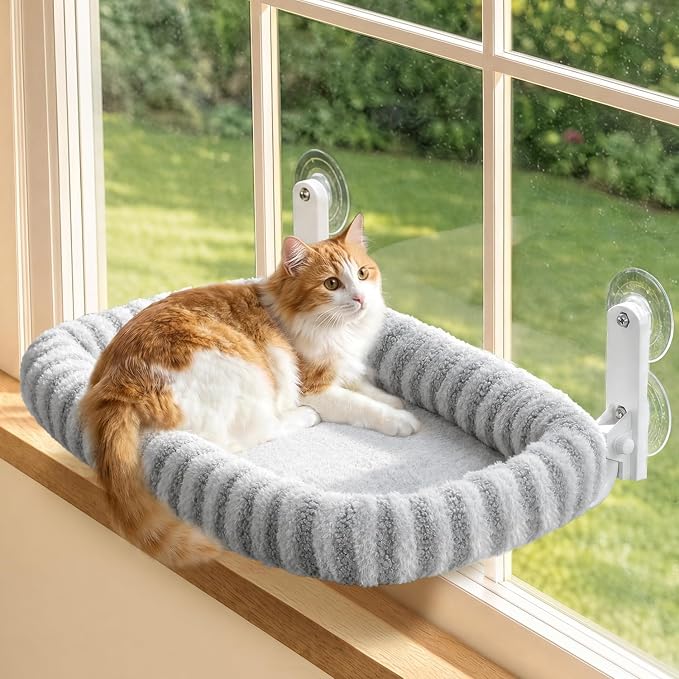 Zakkart Mellow Foldable Cat Window Perch, Upgraded Suction Cups (Gray, L) | Curtain-Friendly, Dual-Fabric Striped Machine Washable Bed, Heavy Duty ABS & Metal Frame, Hold up to 40 lbs., 24.8"W x 15.5"D