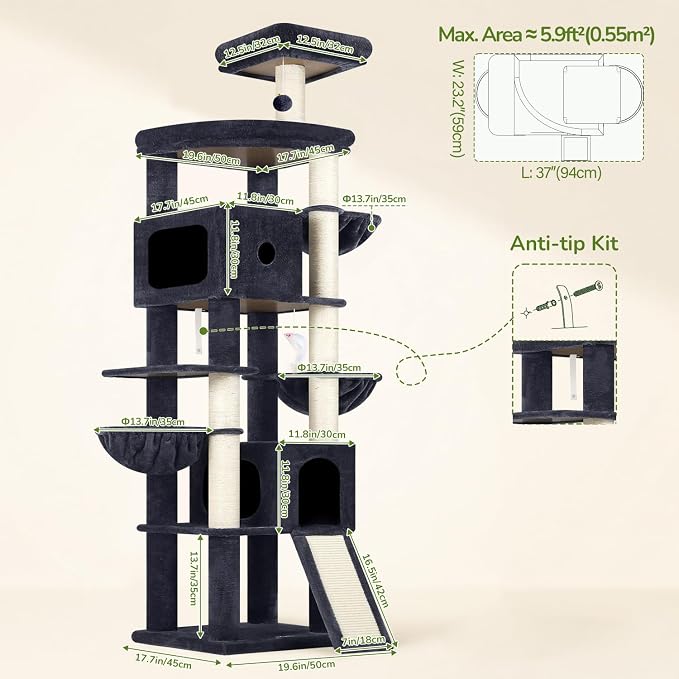 Globlazer F83C Pro Max Heavy Duty Maine Coon Cat Tree, 83in Tall Tower | Easy Assembly, Large Cats, 2 Condos, 3 Hanging Baskets, 2 Perches, 7 Sisal Scratching Posts, Anti-Topple Strap, Dark Grey