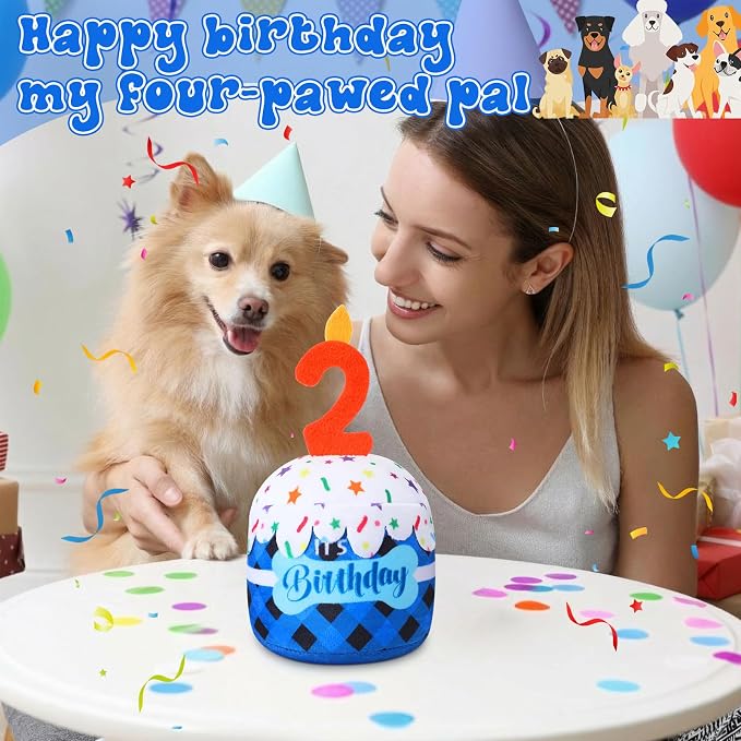 Dansydaisy Dog Birthday Cake Toy Squeaky Plush Toy for Girl Boy Gifts, Chew Accessories for Dog Birthday Party Decor Favor for Large, Medium and Small Dogs(2nd,Blue Grid)