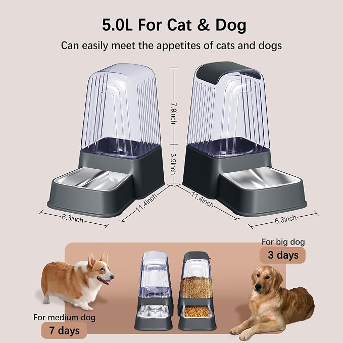 Automatic Dog and Cat Food Feeder and Water Dispenser Set with Stainless Steel Bowls,Gravity Pet Food and Water Feeders,100% BPA-Free,Large Capacity for Cats Dogs Pets… (5L Dark Gray)