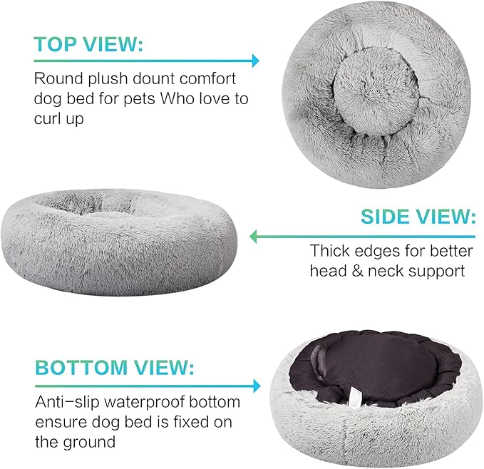 SAVFOX 20 inches Calming Donut Dog Bed - 3X Durable Plush Faux Fur, Machine Washable & Non-Slip, Fits up to 15 lbs, Light Grey