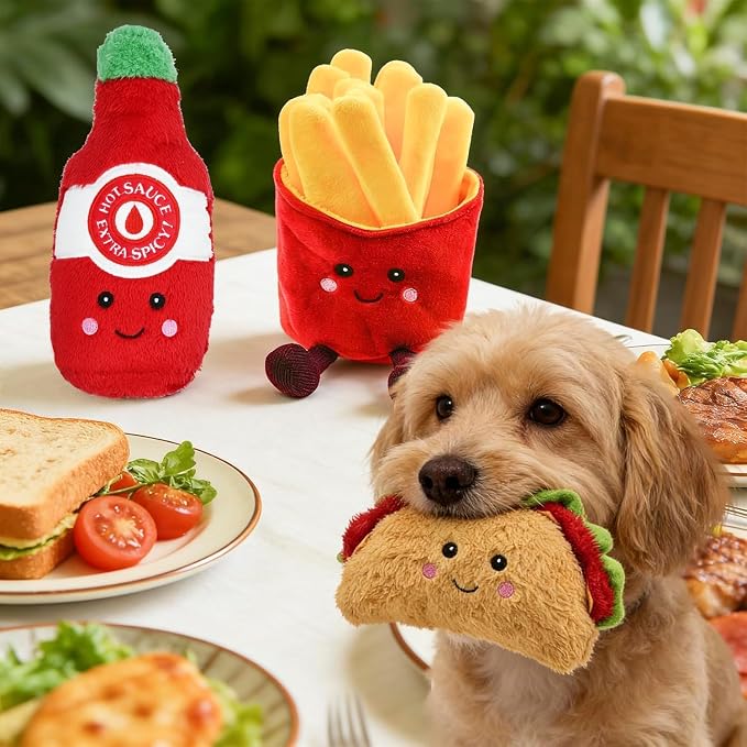 3-Pack Squeaky Dog Toys Funny Taco Plush Dog Chew Toys Set with Built-in Squeakers, Interactive Stuffed Pet Toys for Small Medium Large Dogs