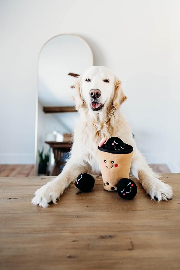 ZippyPaws Burrow- Interactive Dog & Puppy Toys for Boredom, Stimulating Pet Products to Keep them Busy, Hide & Seek Plush Dog Puzzles, Squeaky Enrichment for Small, Medium, & Large Dogs- Boba Milk Tea