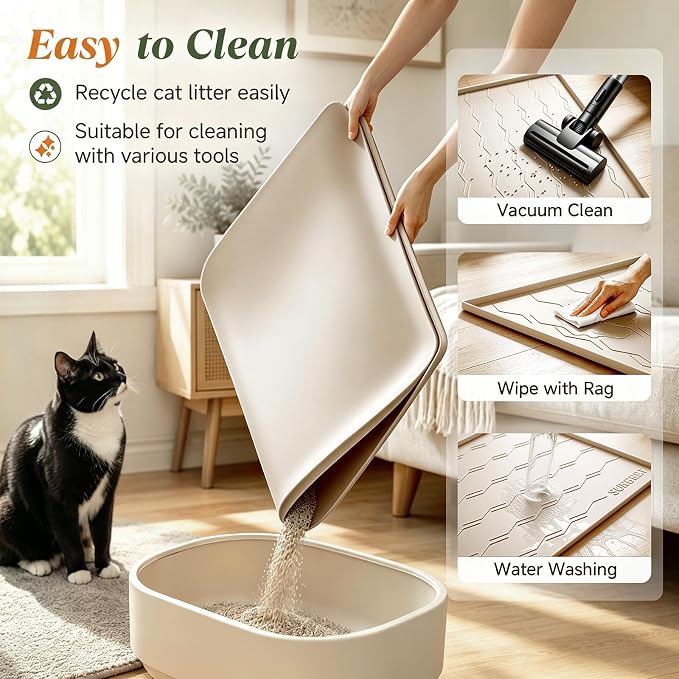 Songrey Silicone Cat Litter Mat 24" x 16", Large Litter Trapping Mat, Beige | Waterproof, Urine-Proof Litter Box Mat for Floor, Soft on Kitty Paws, Easy To Clean, Cat Supplies, Pet Feeding Mat