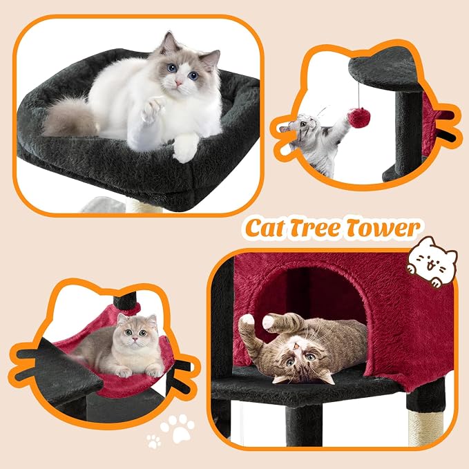 44 Inch Small Cat Tree Tower for Indoor Cats and Kittens | Multi-Level Cat Climbing Tower with Natural Sisal Scratching Post and Hammock, Pet Condo, Black and Red