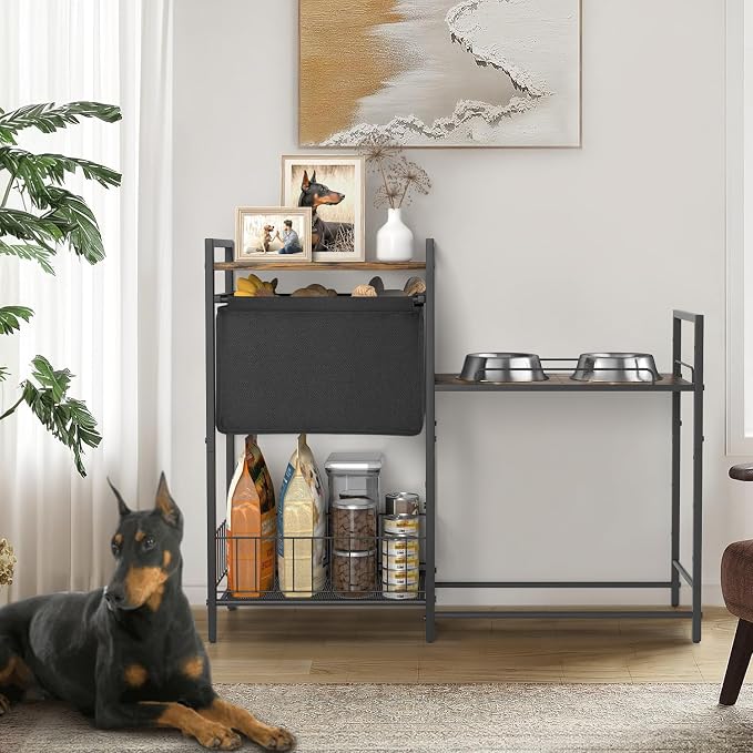 Lomivra Elevated Dog Bowls Stand for X-Large & Large Breed, 7 Adjustable Heights from 2"-22" Raised Dog Feeding Station with Toy Bin Basket, Lifted Dogs Food Bowl Holder Cabinet Pet Storage Organizer