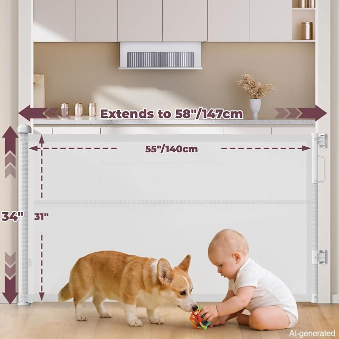 Retractable Baby Gates for Doorways, 58" Extra Wide Mesh Child Dog Gate for Stairs, 34" Tall Toddler Pet Gate Indoor and Outdoor, Easy Install, Home Necessity, White
