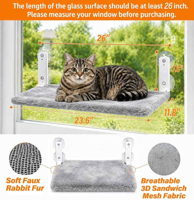 Cordless Cat Window Perch, Foldable Stable Cat Hammock, Breathable for Overlooking, Sunbathing & Climbing, Max Hold Up to 40lb