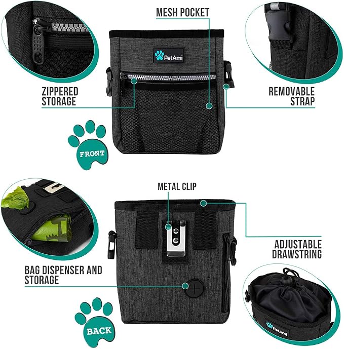 PetAmi Dog Treat Pouch, Pet Treat Pouch for Training, Dog Walking Bag Holder for Kibbles, Pet Food Toy, Dog Trainer Essentials Supplies, Poop Bag Dispenser, 3 Ways to Wear (Charcoal)