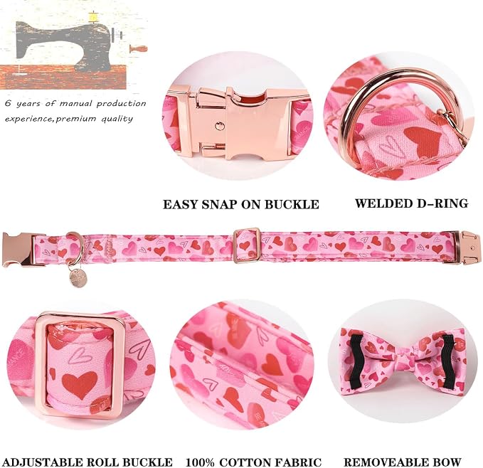 DOGWONG Valentine's Dog Collar with Bow - Cute Heart Bowtie Dog Collars, Adjustable Valentine Pink Heart Pet Collars Design Dog Collar with Quick Release Buckle for Puppy Girl Boy Female Dogs