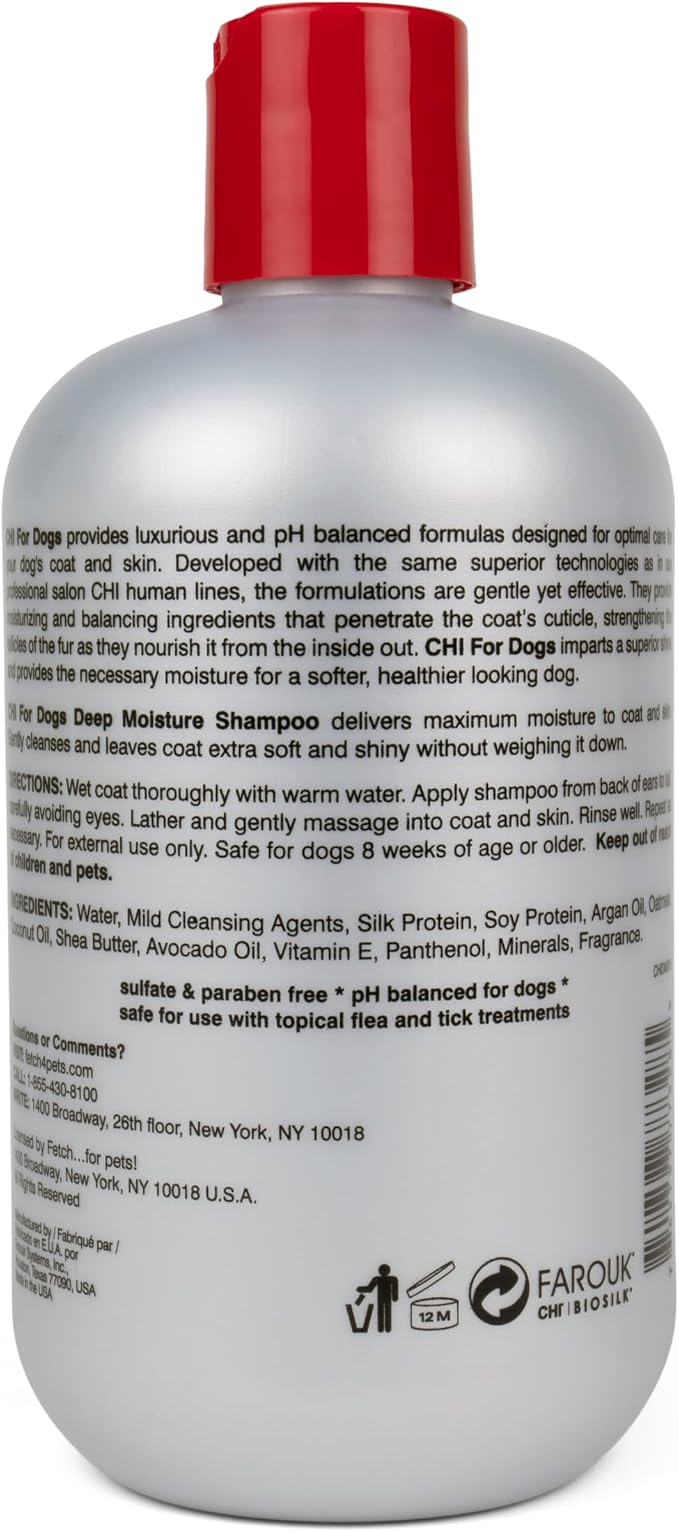 CHI for Dogs Deep Moisture Shampoo pH Balanced Hydrating Dog Shampoo Dry Skin Ionic Technology Soft Shiny Coat 16 FL OZ Made USA