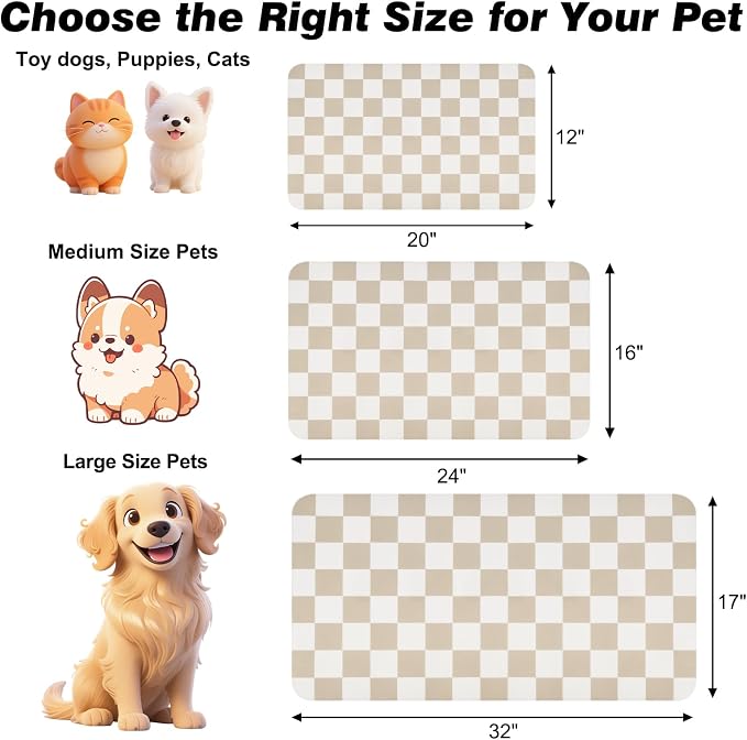 CooRug Checkered Dog Food Mat, Pet Feeding Mat 24" L x 16" W, Beige | Absorbent, Leak-Proof, Anti-slip, Quick Dry, Eco-friendly Materials, Easy to clean and store, For Messy Drinkers