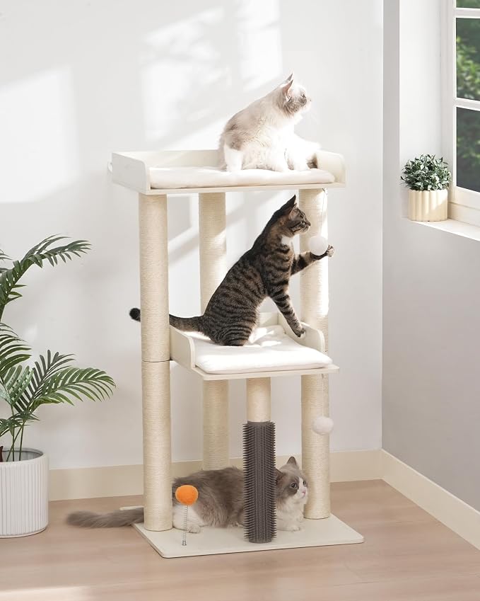 43.7" Cat Tree, Modern Cat Tree Tower, Cat Tower for Indoor Cats Large Adult, Cat Condo with Scratching Post, Large Perch and Removable Pads, White
