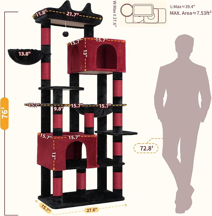 Heybly Cat Tree, 76-Inch Tall Heavy Duty Cat Tower for Big Cats HCT039BR | Multi-Level Large Cat Furniture with Extra Wide Baseboard, 2 Condos & 2 Hammocks, 10 Scratching Posts, Black and Red