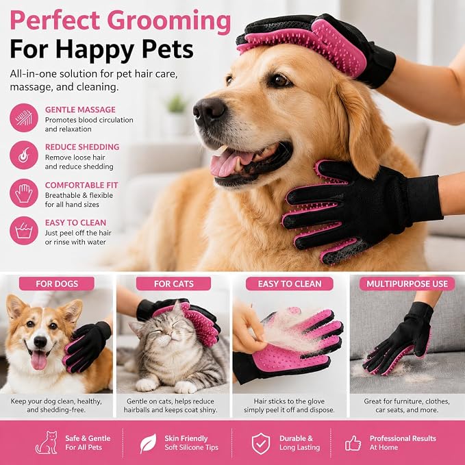 Pet Grooming Gloves – Deshedding & Bath Brush Gloves for Dogs, Cats & Horses, Gentle Hair Remover & Massage Mitt (Pink)